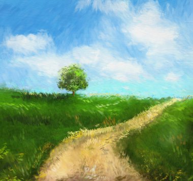 Digitally rendered painting of an idyllic country road clipart