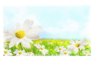 Digital watercolor of large shasta daisies in field with clouds and sky clipart