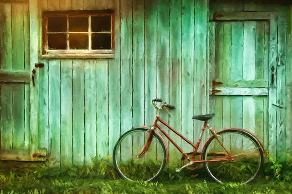 Pintura digital de bicicleta vieja contra granero —  Fotos de Stock