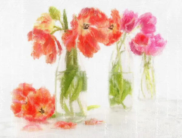 Acuarela Digitalmente Renderizada Tulipanes Primavera Botellas — Foto de Stock