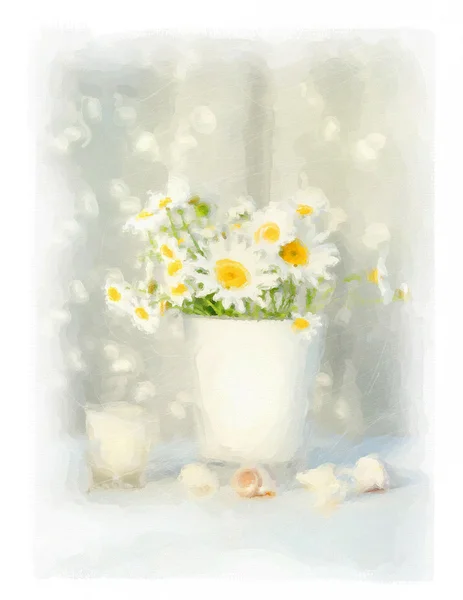 Aquarela digital de margaridas brancas e conchas — Fotografia de Stock