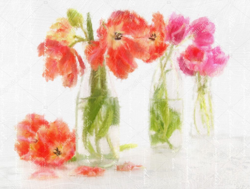 Digitally rendered watercolor of spring tulips in bottles