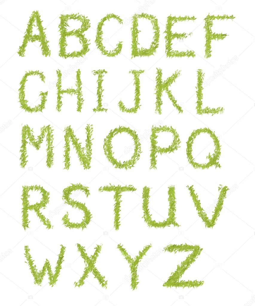 Alphabet letters of green grass isolated on white background
