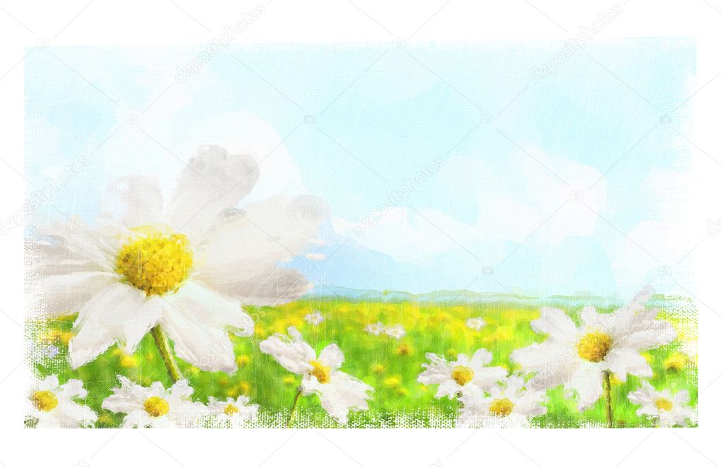 Digital watercolor of large shasta daisies in field with clouds and sky