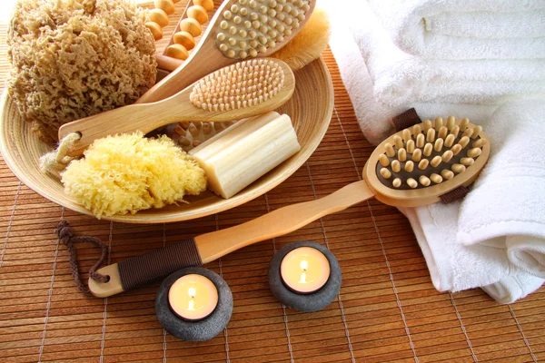 Assortment Spa Brushes Sponges Soap Bamboo Mat — Stock Photo, Image