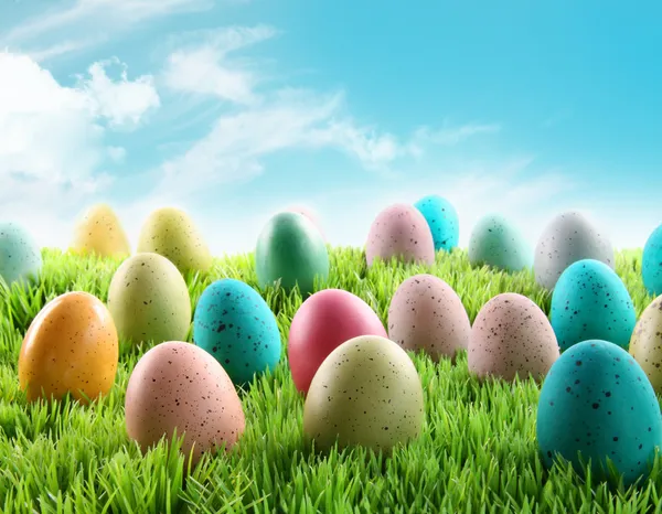 Huevos de Pascua coloridos en un campo de hierba — Foto de Stock