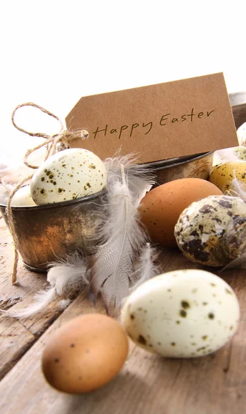 Brown speckled eggs with easter card — Stock Photo, Image