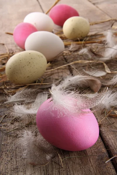 Colorful easter eggs with feathers on old table — Stock Photo, Image
