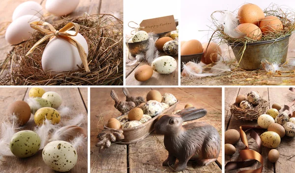 Collage aus verschiedenen Bildern von braunen Eiern zu Ostern — Stockfoto