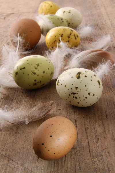 Speckled easter eggs on wooden table — Stock Photo, Image