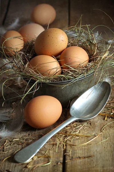 Uova fresche marroni in vecchio contenitore di latta con cucchiaio — Foto Stock