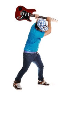 Boy mad at the guitar. clipart