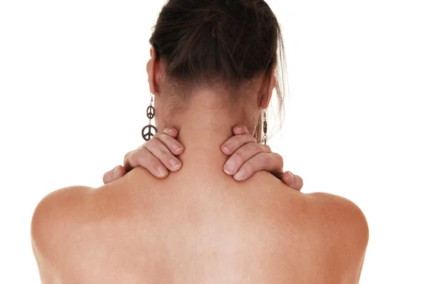 Menina com dor no pescoço . — Fotografia de Stock