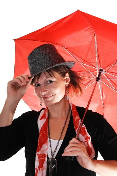 ผู้หญิงที่มีหมวกและร่ม . — ภาพถ่ายสต็อก