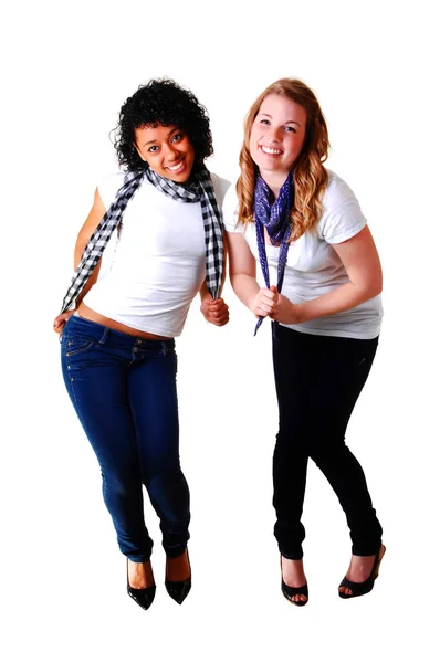 Two Young Woman One Hispanic Other Caucasian Portrait Jeans White — Stock Photo, Image