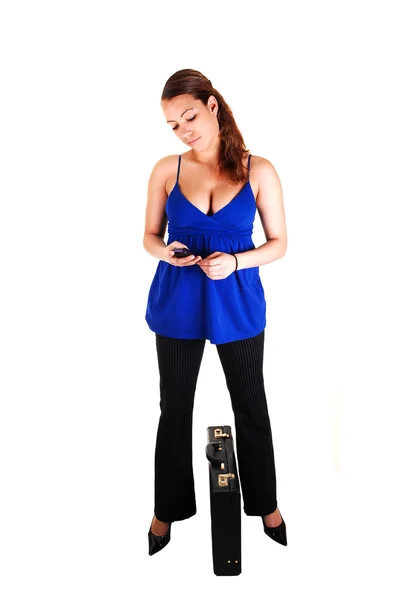 Pretty Businesswoman Dress Pants Blue Top Dialing Her Cell Phone — Stock Photo, Image