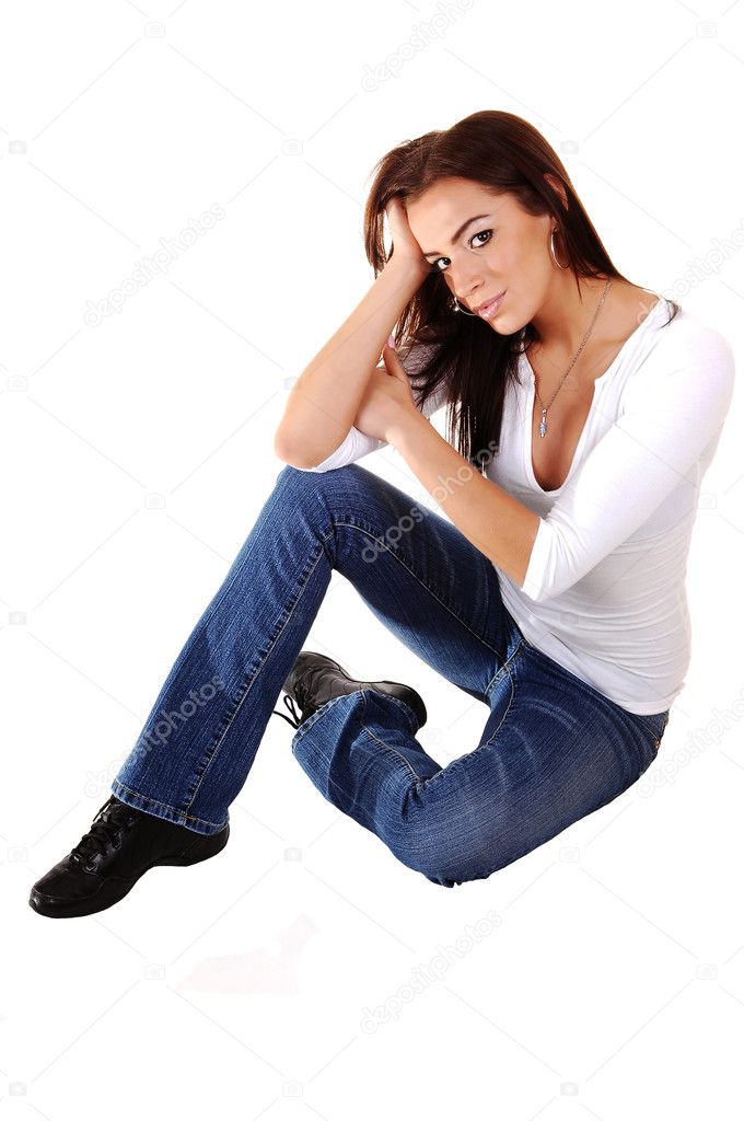 Sad girl sitting on floor. — Stock Photo © sucher #4549136