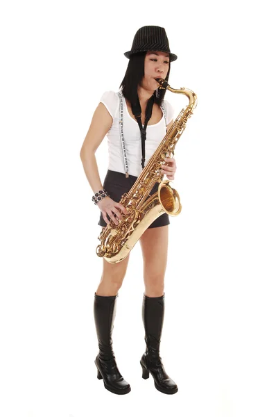 Young Asian Woman Standing Studio Playing Saxophone Shorts Suspender Hat — Stock Photo, Image