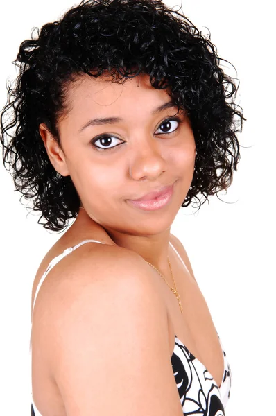 Head Shoot Beautiful Black Curly Haired Woman Looking Camera White — Stock Photo, Image