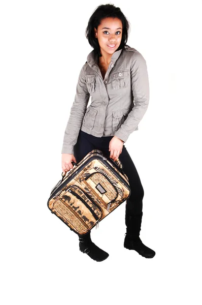 Young Pretty Woman Black Tights Gray Jacket Brown Suitcase Ready — Stock Photo, Image
