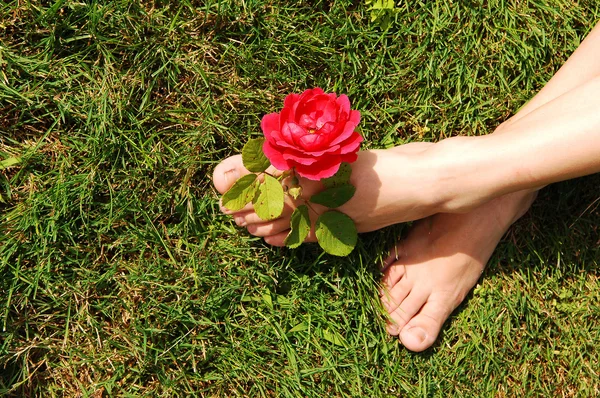 stock image The feet of a young woman, sitting on the grass with a red rose between her toes.