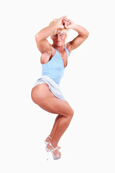 Blond Muscular Bodybuilding Girl Standing Studio Shooing Her Strong Legs — Stock Photo, Image