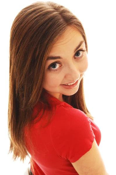 Retrato Cerca Una Hermosa Chica Suéter Rojo Mirando Por Encima —  Fotos de Stock