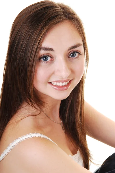 Retrato Cerca Una Hermosa Chica Ojos Azules Pelo Largo Morena —  Fotos de Stock