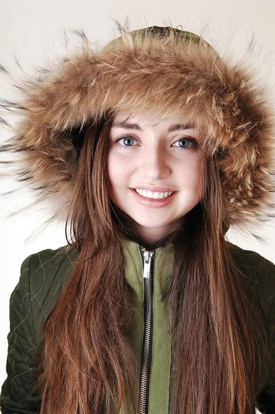 Beautiful Teenager Girl Green Winter Coat Fur Hood Long Brunette — Stock Photo, Image