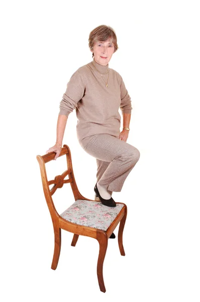 Lady Dress Pants Beige Sweater High Heels Standing Old Chair — Stock Photo, Image