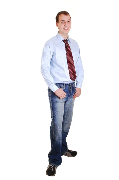 Молодий Підліток Джинсах Синій Сукні Краваткою Стоїть Студії Білого Фону — стокове фото