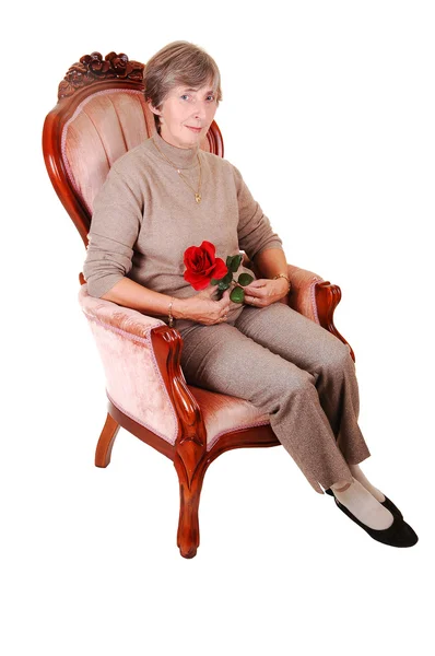 Lady Dress Pants Beige Sweater High Heels Sitting Old Chair — Stock Photo, Image