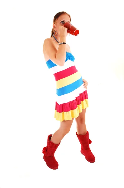 Joven Encantadora Chica Vestido Colorido Grandes Botas Rojas Sosteniendo Una —  Fotos de Stock