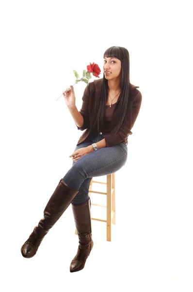 坐在美丽的女人 一朵玫瑰在她的手 牛仔裤和棕色毛衣和靴子和长长的黑发 白色背景上 — 图库照片