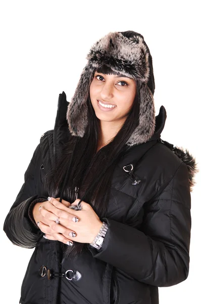 Pretty Woman Winter Coat Fur Cap Standing Studio Smiling Camera — Stock Photo, Image