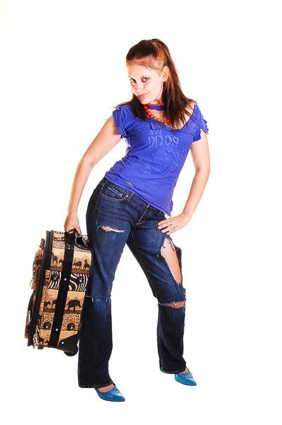 Egy Csinos Fiatal Lány Egy Bőrönddel Kezét Kék Magas Sarkú — Stock Fotó