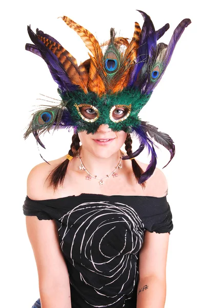 Lovely Young Woman Whit Feather Mask Her Face Black Top — Stock Photo, Image