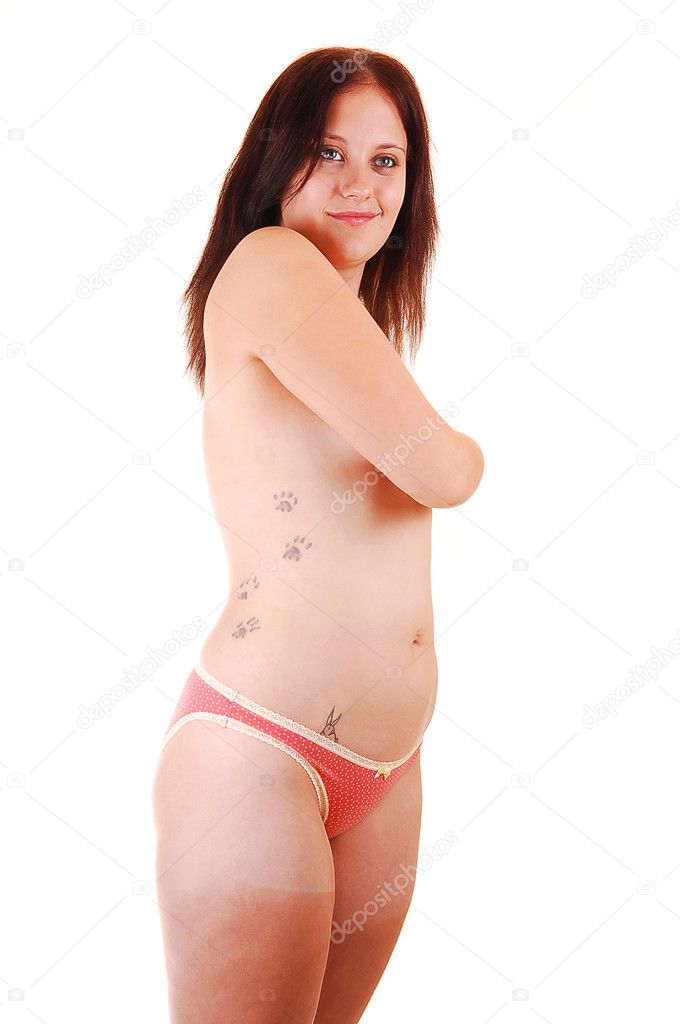 An pretty, young girl in pink panties, covering her breasts and with tattoo of cat paw on the side of her body. For white background.