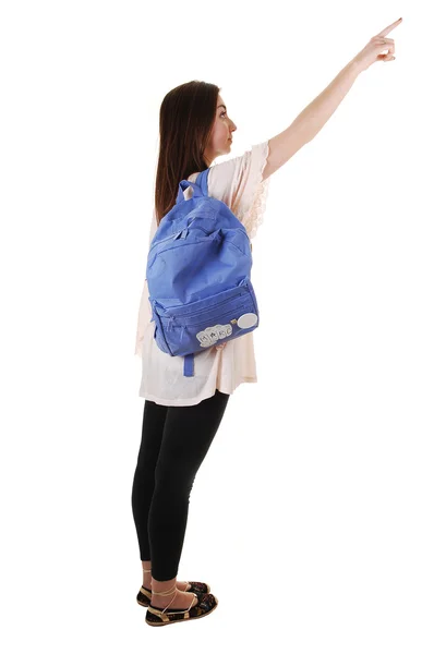 Pretty Teenager Short Skirt Blue Backpack Her Shoulder Standing Studio — Stock Photo, Image