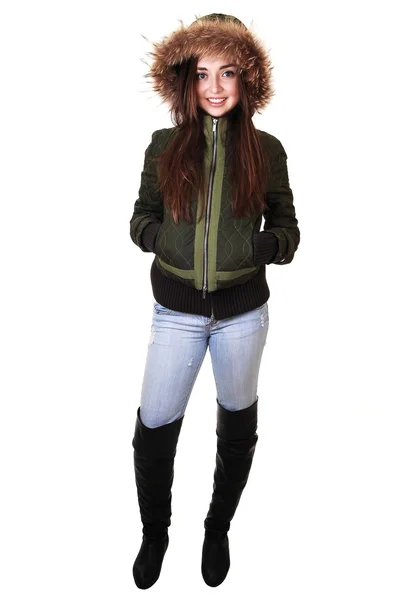 Красивая Девушка Подросток Зеленой Зимней Куртке Меховым Капюшоном Длинными Брюнетками — стоковое фото