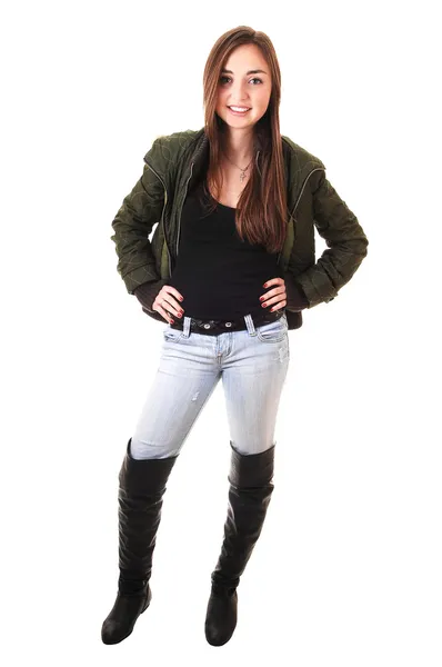 Uma Linda Adolescente Com Uma Jaqueta Verde Inverno Longas Botas — Fotografia de Stock