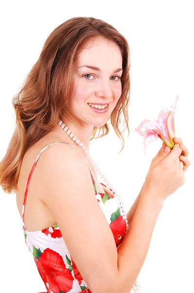 Красивая Молодая Девушка Красном Розовом Платье Великолепные Длинные Рыжие Волосы — стоковое фото