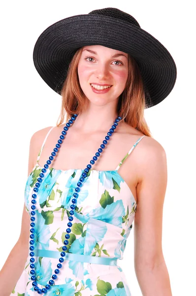 Schöne Junge Frau Einem Blau Grünen Kleid Und Perlenkette Mit — Stockfoto