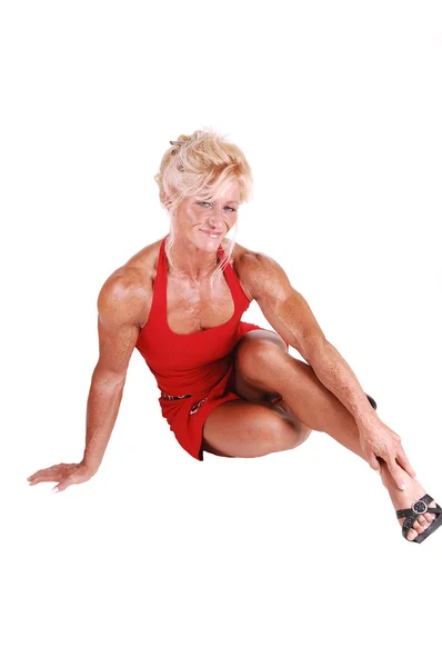 Een Blonde Bodybuilding Meisje Zittend Vloer Van Een Studio Haar — Stockfoto