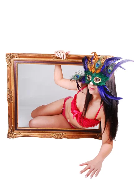 Lovely Woman Red Lingerie Mask Her Face Looking Picture Frame — Stock Photo, Image