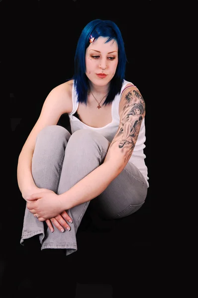 Very Sad Looking Young Girl Blue Hair Big Tattoo Her — Stock Photo, Image
