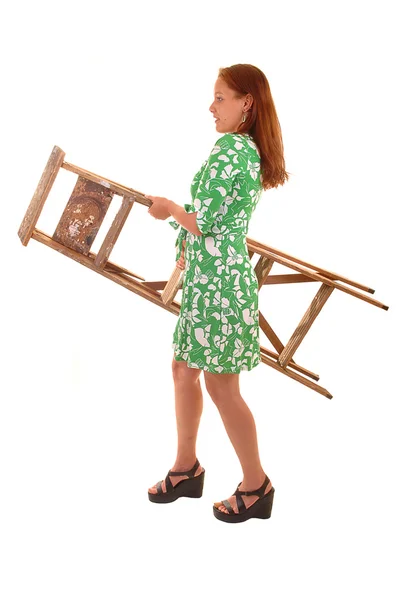 Mujer Joven Vestido Verde Tacones Altos Cuidando Una Escalera Para —  Fotos de Stock