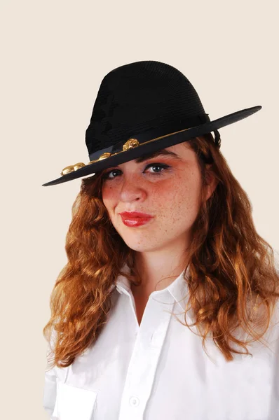 Pretty Red Haired Woman Security Guard Big Black Hat White — Stock Photo, Image
