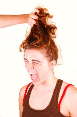Young woman is screaming when another girl is pulling her red hair up. clipart