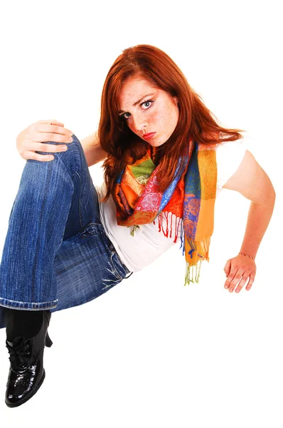 Pretty Tall Teenager Bright Red Hair Colored Scarf Sitting Floor — Stock Photo, Image
